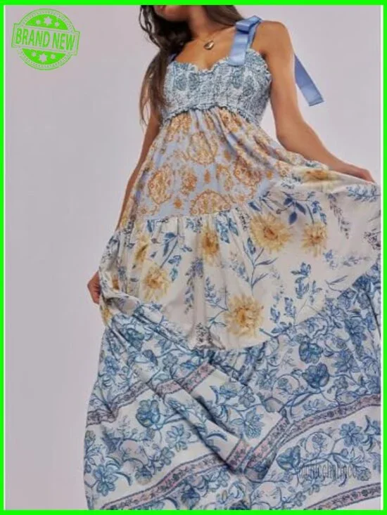 Floral Maxi Dress Sleeveless Tie Shoulder Bohemian Smocked with Pockets - Picture 2 of 3